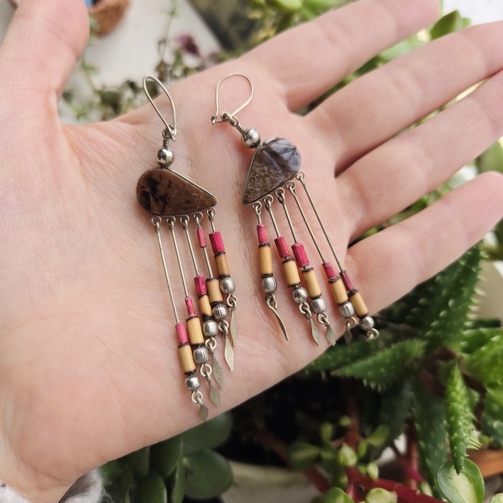 Vintage Pair of Brown Rutile Quartz Native Tribal Style Dangle Drop Earrings